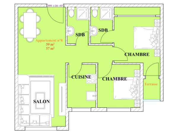 Appartement n°8 – Plan moderne avec terrasse, 2 chambres et double salle de bain (57–59 m²)