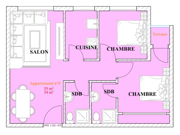 Appartement n°5 – Compact & élégant, 2 chambres avec terrasse, double SDB et salon ouvert (54–55 m²)