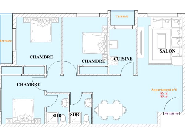 Appartement n°6 – Spacieux 3 chambres avec double terrasse, double SDB et salon ouvert (80–86 m²)