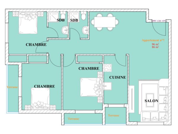 Appartement n°7 – Grand 3 chambres avec triple terrasse, double SDB et salon lumineux (86–96 m²)